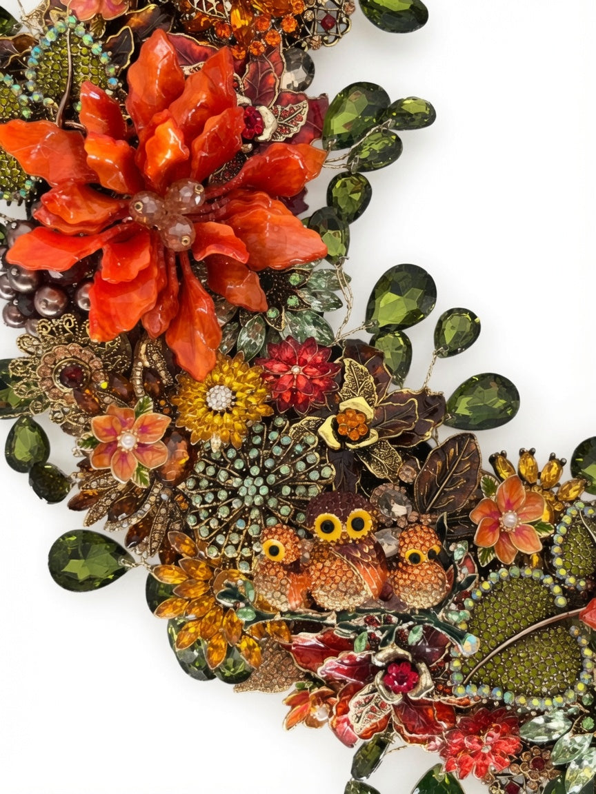 Jeweled fall wreath with rhinestone flowers, enamel jewels, pearl accents, three jeweled owls, and sage green teardrops on white.
