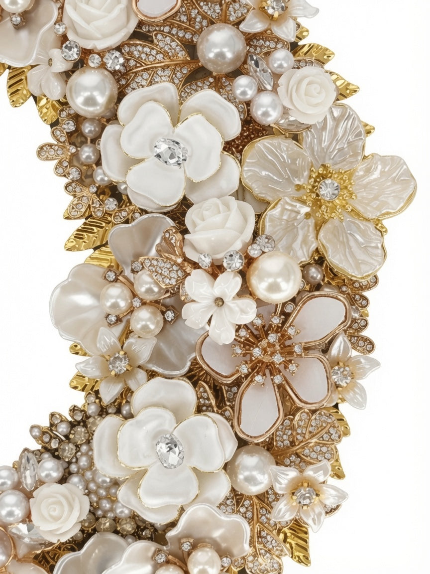 Letter O wall art with faux pearls, roses, and rhinestone-style leaf accents