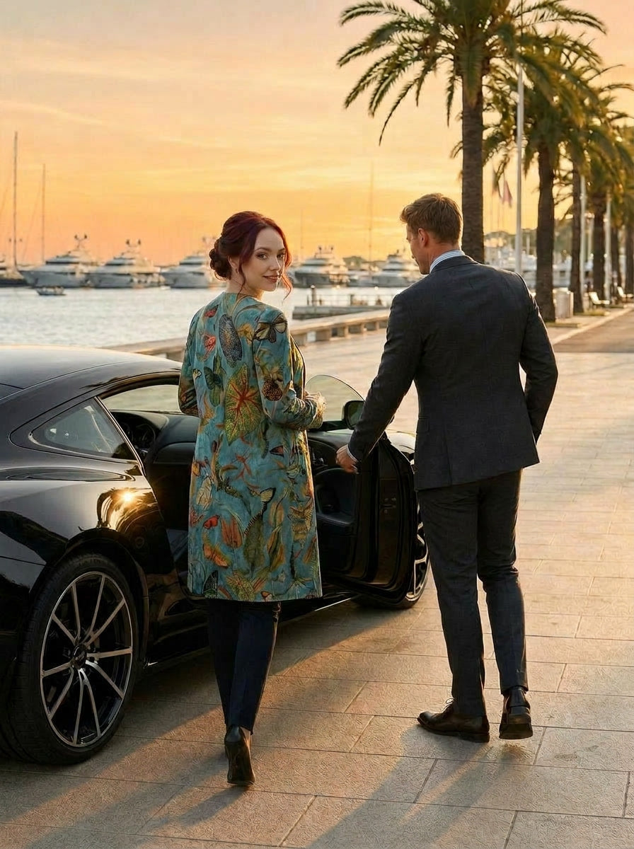 Blue Butterfly Kimono lifestyle shot at Cannes marina at sunset, luxury car and yacht backdrop