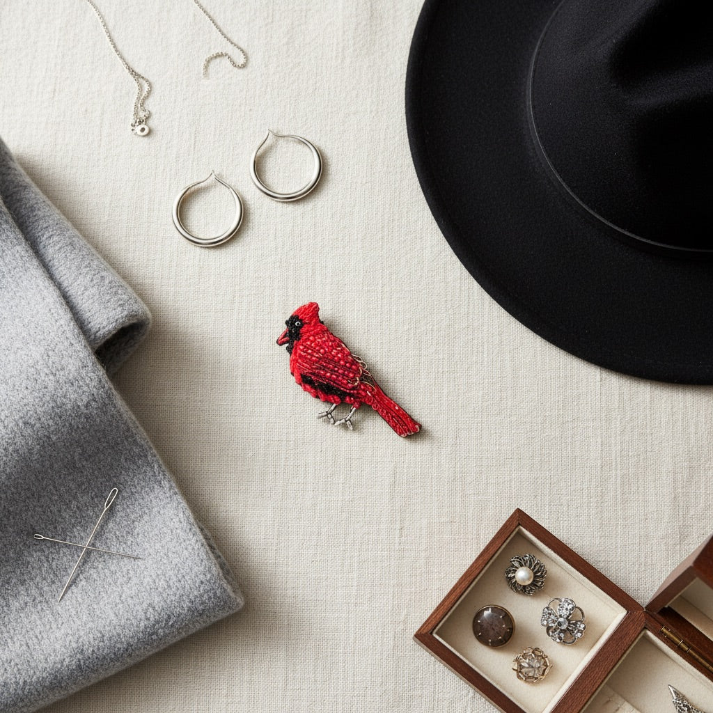 Red cardinal brooch pin with a raised crest and black mask, resting on cream linen beside silver hoop earrings, a black felt hat, a gray wool scarf with a needle, and an open wooden box of vintage brooches.