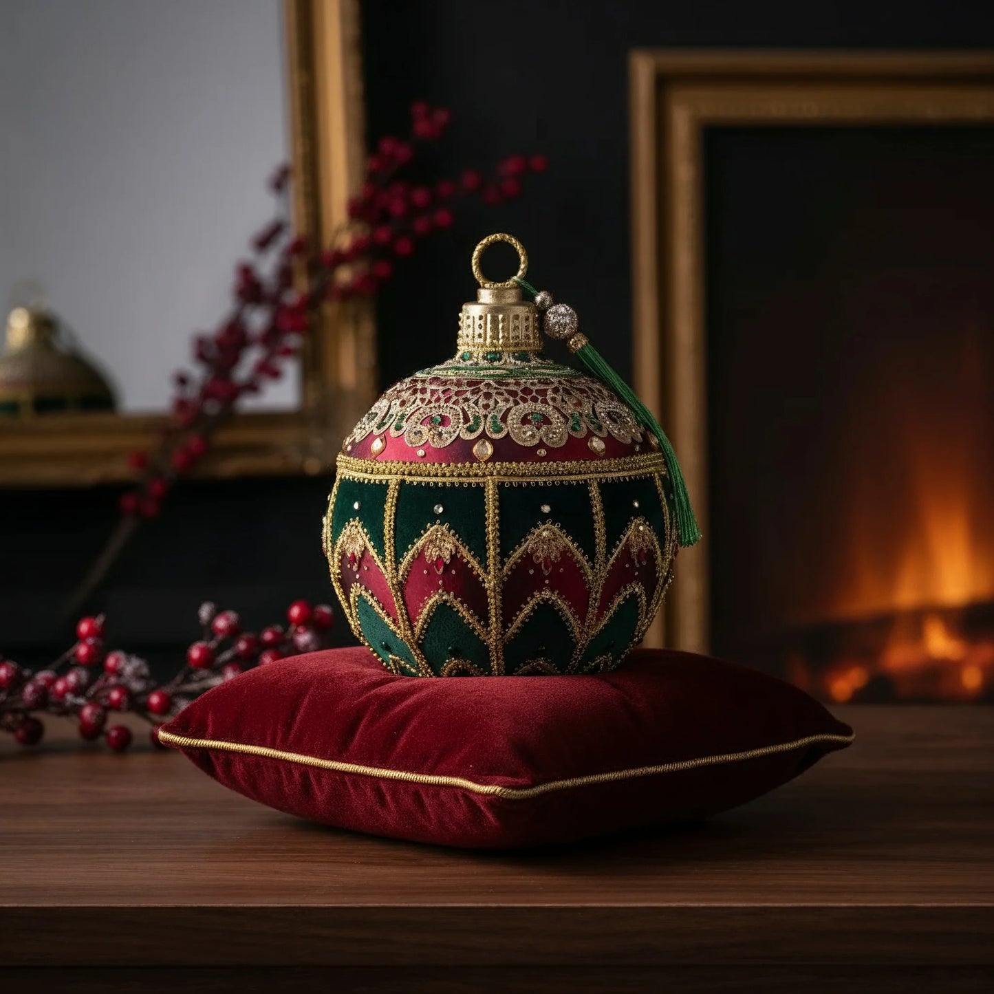 Katherine's Collection Christmas Castle keepsake box displayed on a burgundy velvet pillow beside a lit fireplace, with holly berry branches and a gilded mirror in the background, showing the piece in a styled holiday mantel setting.