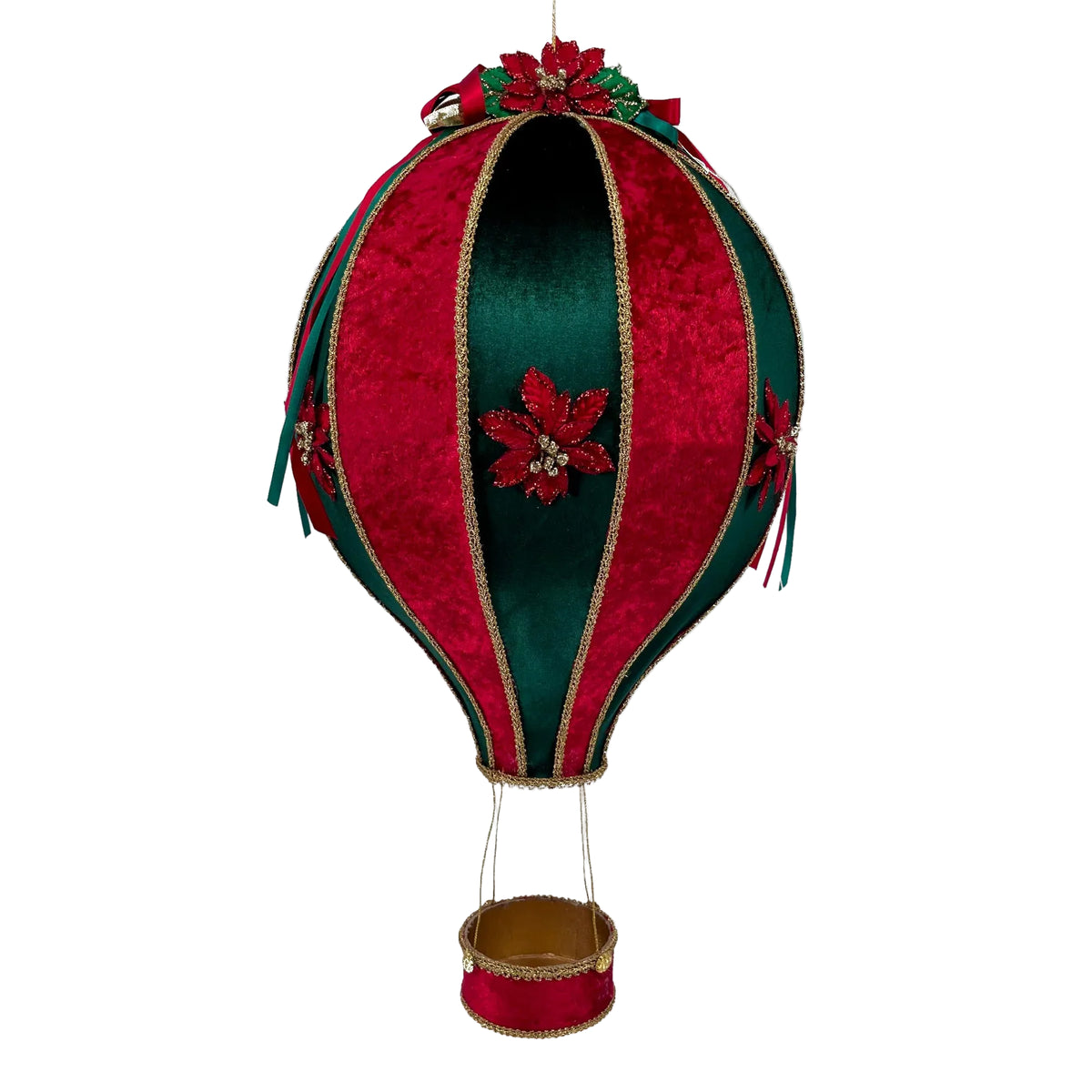 Handcrafted 22.5-inch red and green hot air balloon hanging decoration, hanging front view.