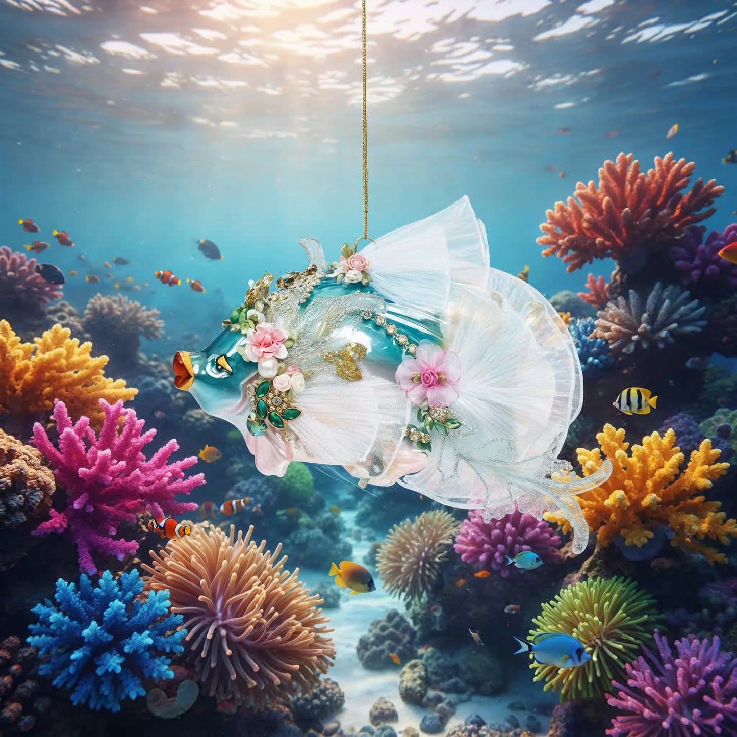 Mark Roberts Jewel of the Sea Fish Ornament in blue, with tulle fins, jeweled accents, and iridescent floral embellishments, limited edition. A coral reef background display