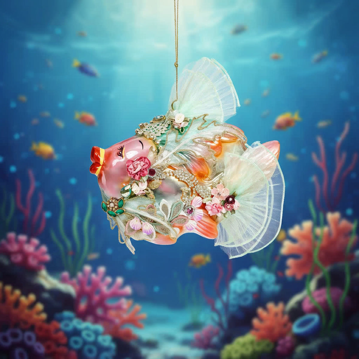 Mark Roberts Jewel of the Sea Fish Ornament in pink, with tulle fins, jeweled accents, and iridescent floral embellishments, limited edition