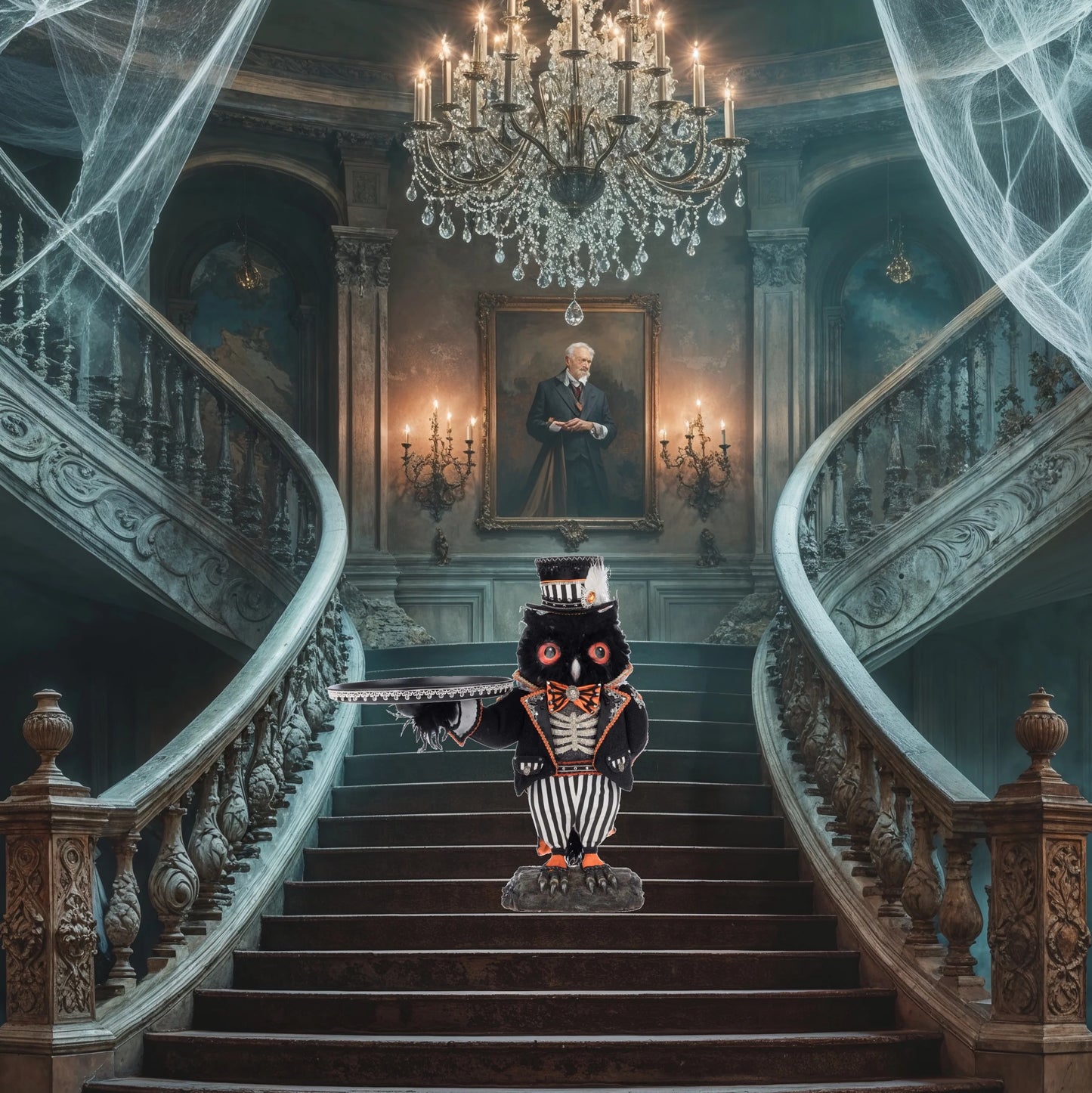 An ornately dressed black-feathered Halloween owl butler figure with orange eyes, top hat, and striped trousers, holding a lace-trimmed serving tray, staged on a grand staircase in a haunted mansion scene with a crystal chandelier, spiderwebs, and a framed portrait