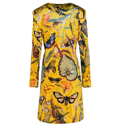 Yellow Butterfly Kimono back view showing full butterfly, dragonfly and botanical print on yellow velvet