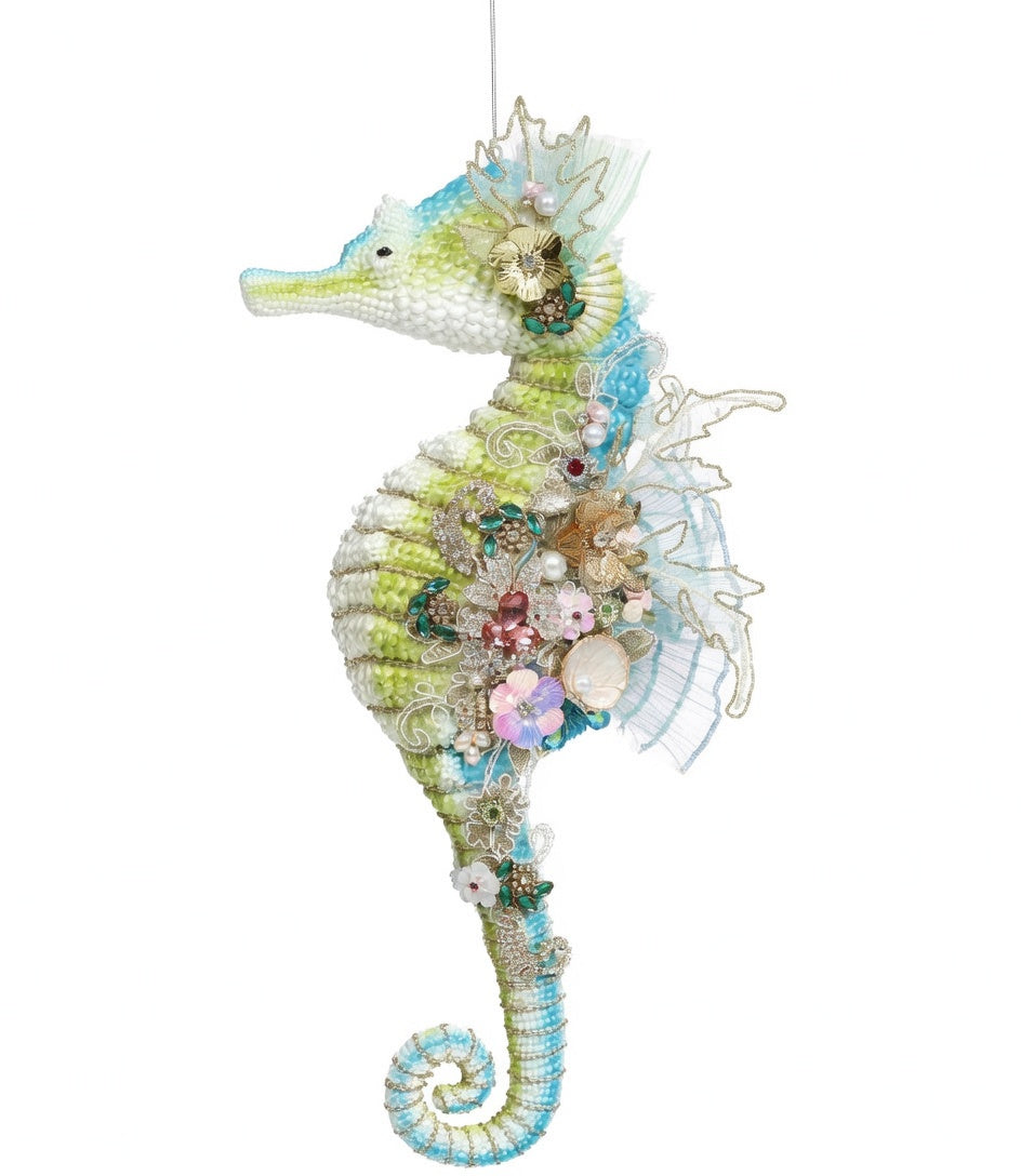 16.5 Tall blue , limegreen and white embellished seahorse with jewels and faux pearls. A limited edition ornament by Mark Roberts, individually numbered.