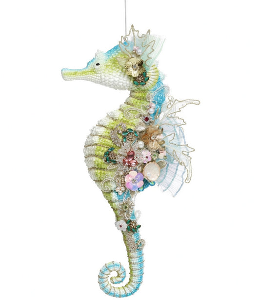 16.5 Tall blue , limegreen and white embellished seahorse with jewels and faux pearls. A limited edition ornament by Mark Roberts, individually numbered.