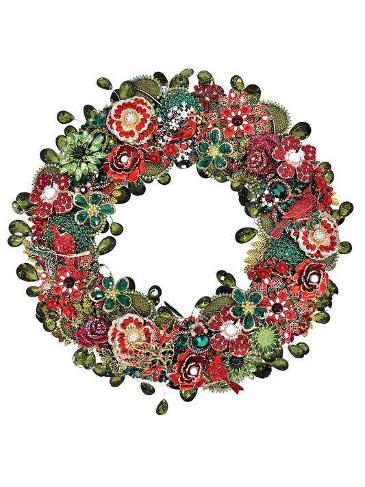 Jeweled Christmas wreath with red cardinals, enamel flowers, faux pearls, gold filigree, red and green jeweled flowers, leaf accents, and dangling sage green rhinestone teardrops