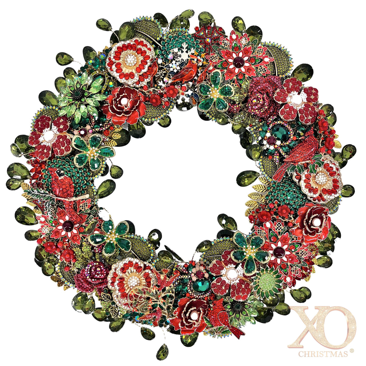 Jeweled Christmas wreath with red cardinals, enamel flowers, faux pearls, gold filigree, red and green jeweled flowers, leaf accents, and dangling sage green rhinestone teardrops