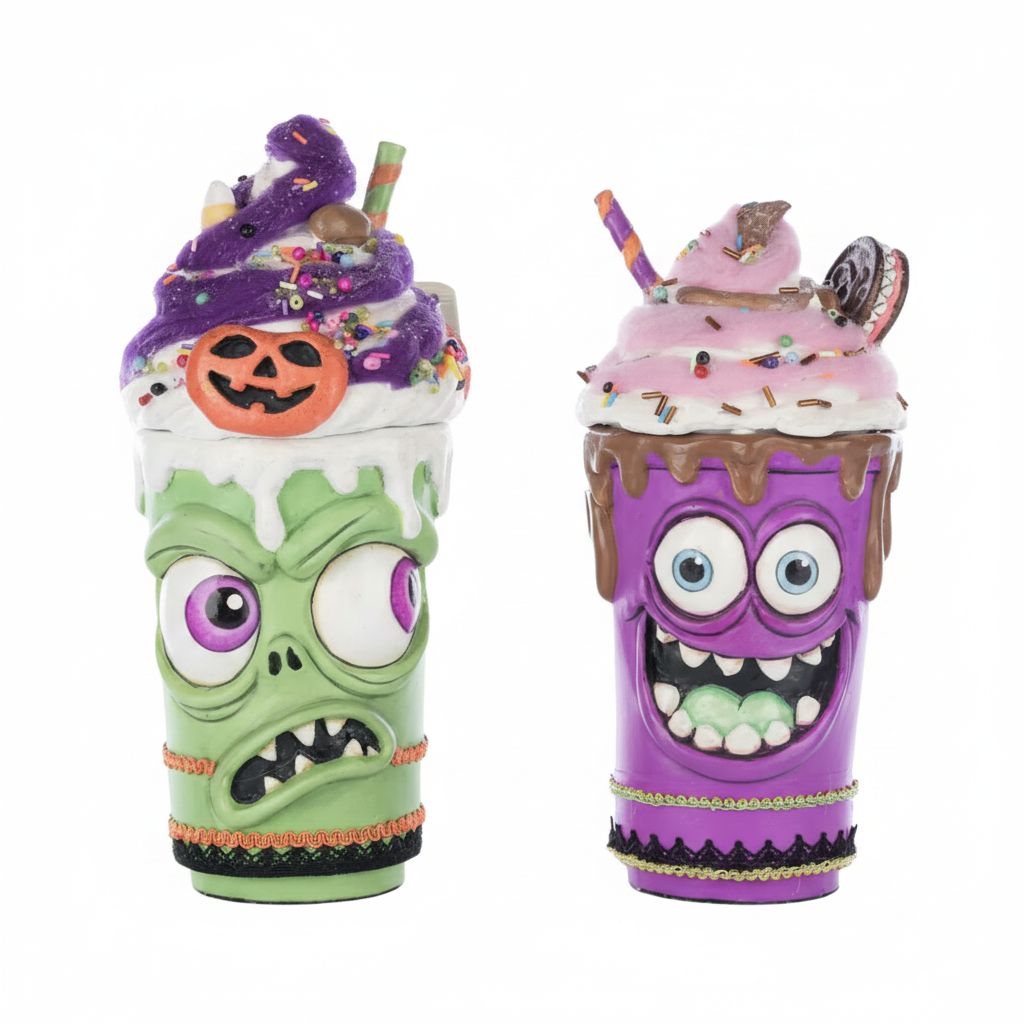 Two Halloween-themed novelty drink cups on a plain white background. The left cup is green with a zombie face and topped with a purple whipped drink, sprinkles, a jack-o'-lantern, and a light green and orange striped straw.

The right cup is purple monster milkshake cup with animated wide eyed expression with smile showing teeth and light green tongue topped with whipped cream, sprinkles, and ice cream toppers, 

