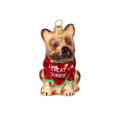 French Bulldog in Treat Junkie TShirt glass ornaments for holiday décor and seasonal displays.