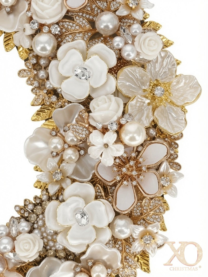 Letter O wall art with faux pearls, roses, and rhinestone-style leaf accents