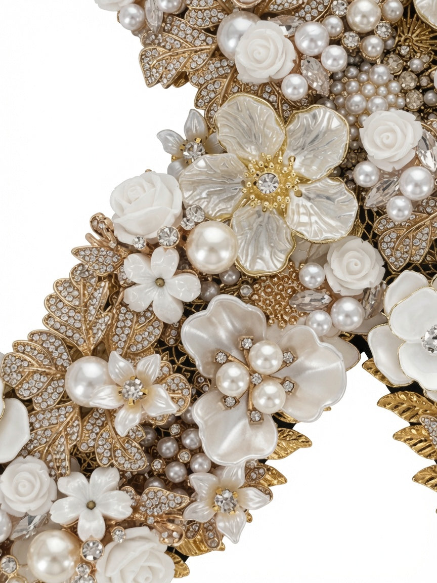 Letter X wall art with faux pearls, roses, and rhinestone-style leaf accents