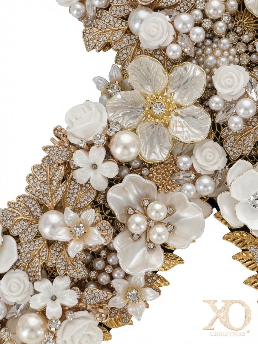 Letter X wall art with faux pearls, roses, and rhinestone-style leaf accents