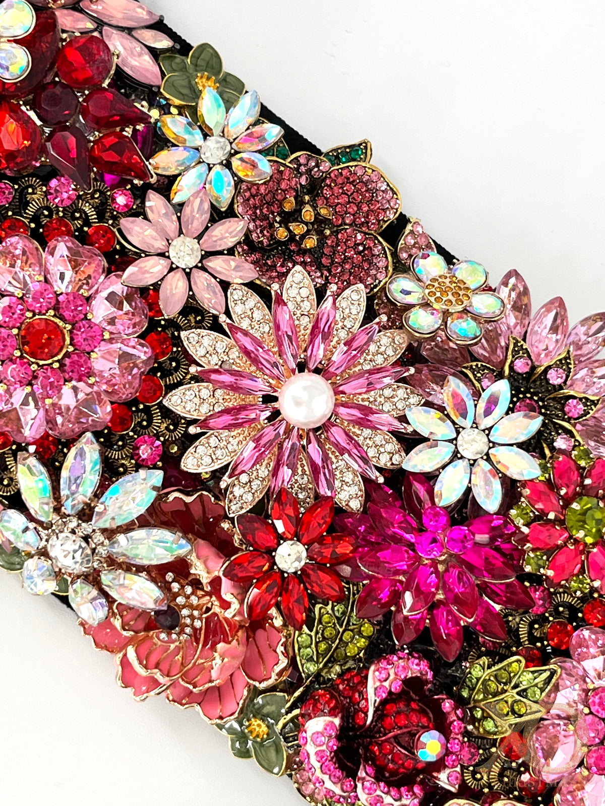 Close-up of Hot Pink letter O Jeweled Wall Art Pair featuring layered flowers with faux pearl accent, aurora borealis marquise stones, and fuchsia rhinestone clusters