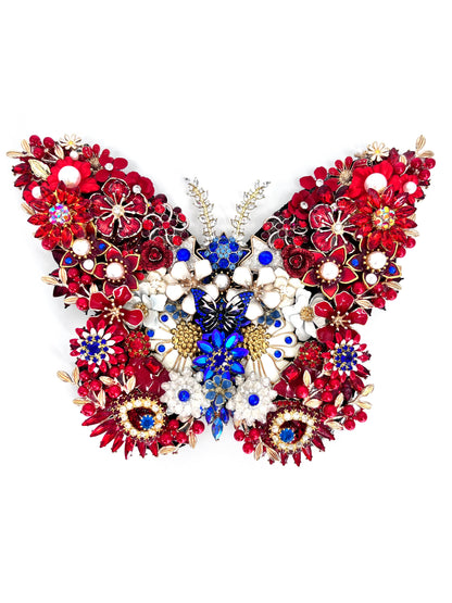 Patriotic Handmade Rhinestone Butterfly Sculpture with Display Easel | Made in USA