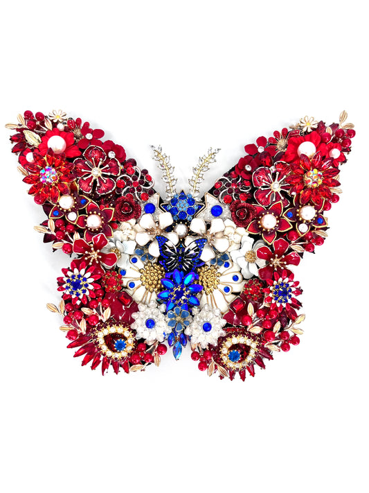 Patriotic Handmade Rhinestone Butterfly Sculpture with Display Easel | Made in USA