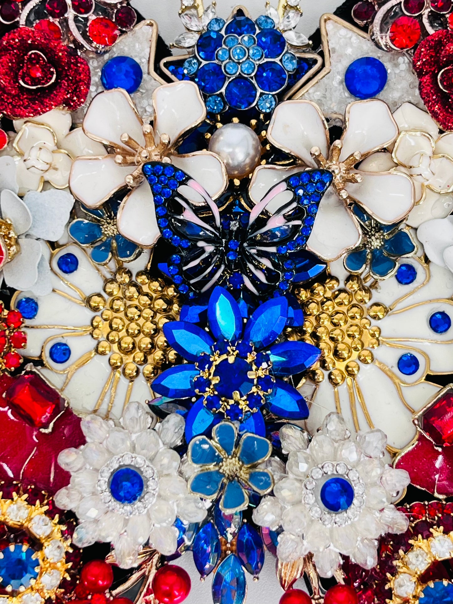Patriotic Handmade Rhinestone Butterfly Sculpture with Display Easel | Made in USA