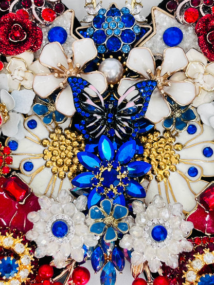 Patriotic Handmade Rhinestone Butterfly Sculpture with Display Easel | Made in USA