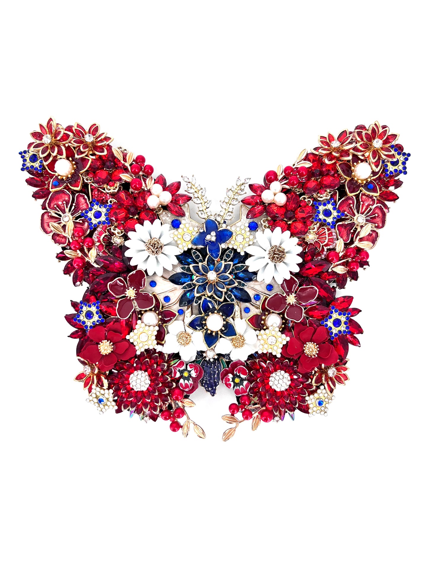 Patriotic Handmade Rhinestone Butterfly Sculpture with Display Easel | Red, White & Blue | Made in USA