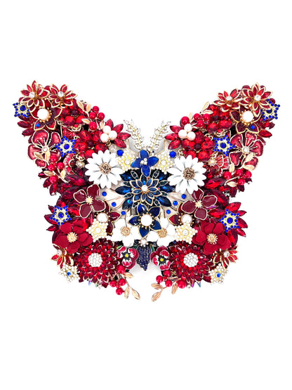 Patriotic Handmade Rhinestone Butterfly Sculpture with Display Easel | Red, White & Blue | Made in USA