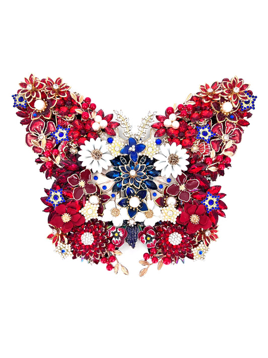 Patriotic Handmade Rhinestone Butterfly Sculpture with Display Easel | Red, White & Blue | Made in USA