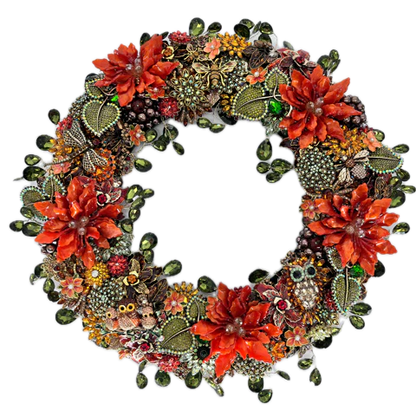 An ornate circular jeweled wreath decorated with large red-orange faux flowers, jeweled green leaves, beads, and small owl and butterfly embellishments, shown on a plain white background.

