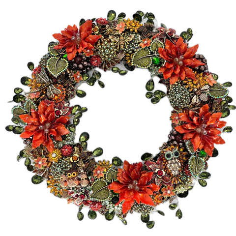 An ornate circular jeweled wreath decorated with large red-orange faux flowers, jeweled green leaves, beads, and small owl and butterfly embellishments, shown on a plain white background.

