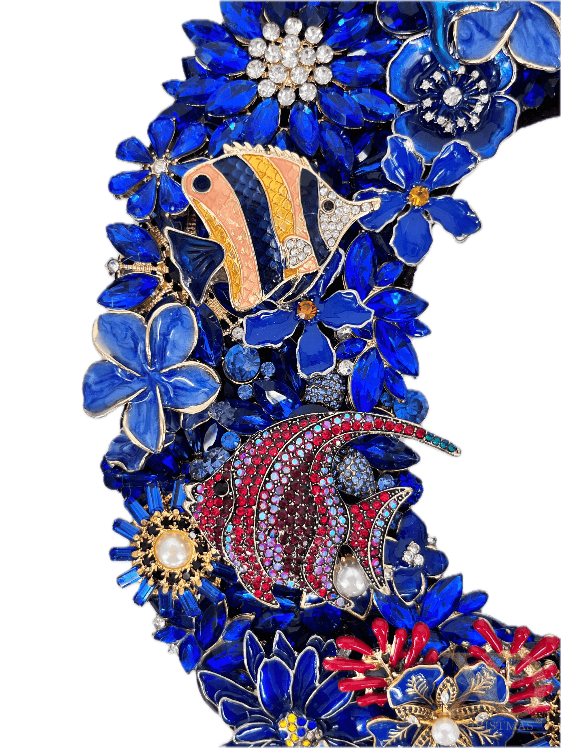 Close-up of the jeweled O on the sapphire blue rhinestone XO wall art pair, showing jewels featuring a dense floral and two jeweled fishes, heavily decorated with vivid blue enamel and rhinestones, accented with gold, red, and faux pearl accents.

