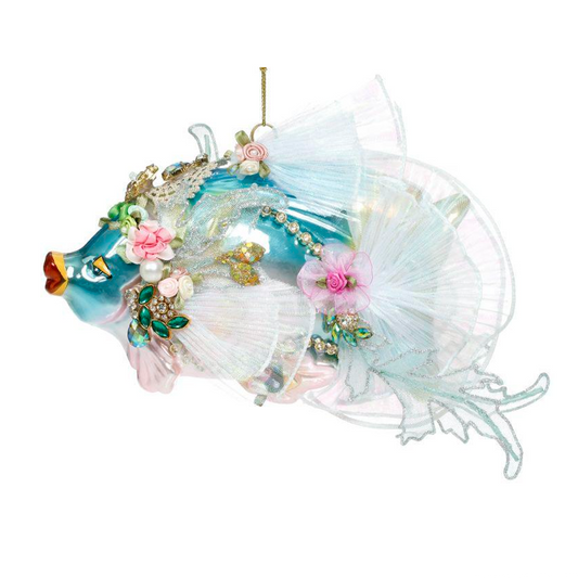 Close-up of Mark Roberts Jewel of the Sea Fish Ornament in blue, showing tulle fin and jeweled detail, limited edition
