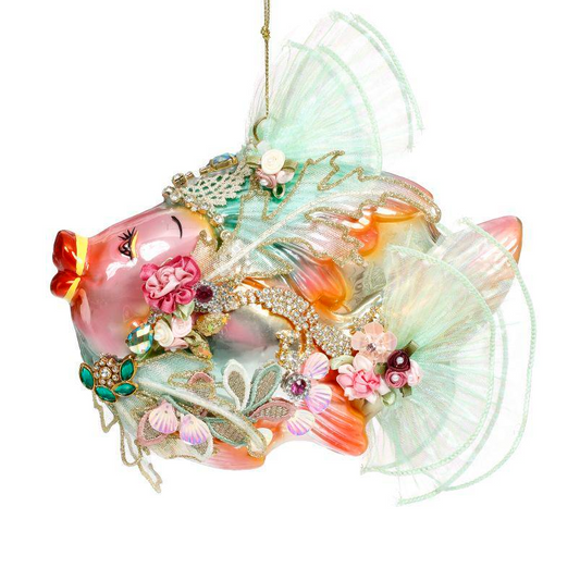 Close-up of Mark Roberts Jewel of the Sea Fish Ornament in pink, showing tulle fin and jeweled detail, limited edition