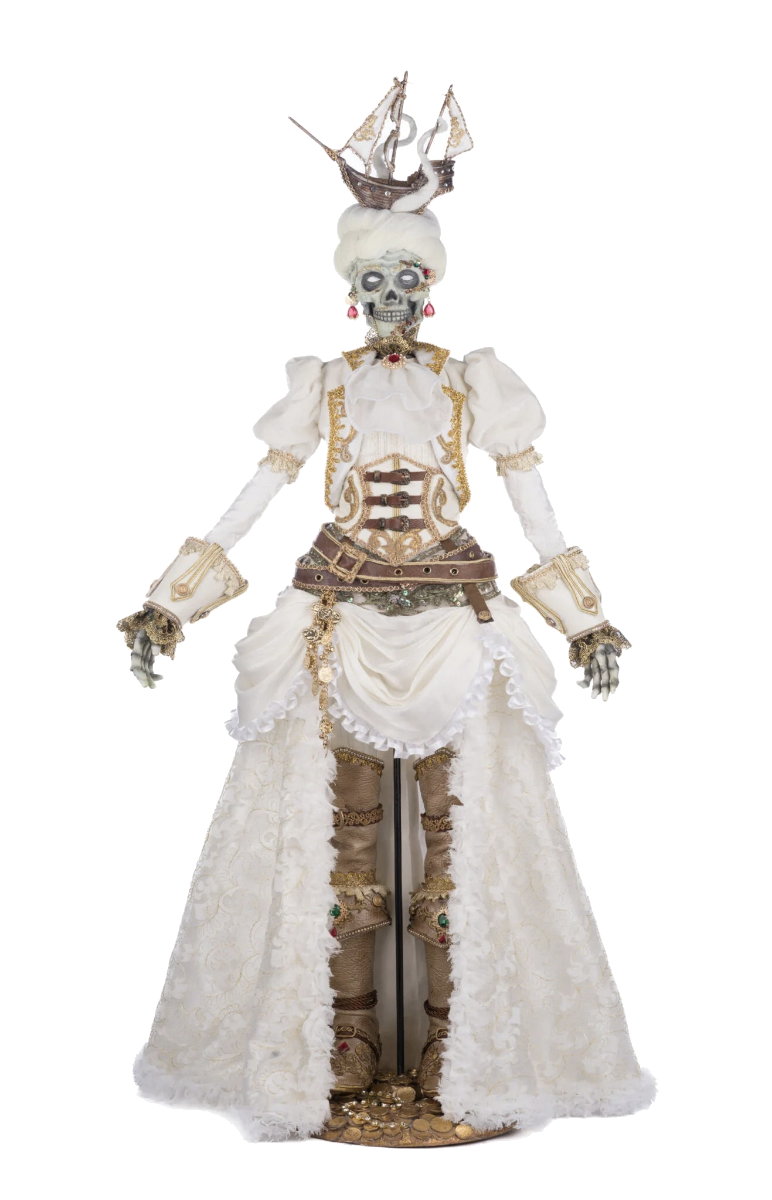 Katherine's Collection Lady Adelaid Apparition Halloween ghost doll in full front view on a white background, with a hand-painted skull face, jeweled teardrop earrings, white pinned hair and a miniature ghost ship crown, wearing an ivory gown with gold embroidery, a buckled leather corset and an open lace skirt revealing gold-corded leg wraps and boots on a base scattered with gold coins.