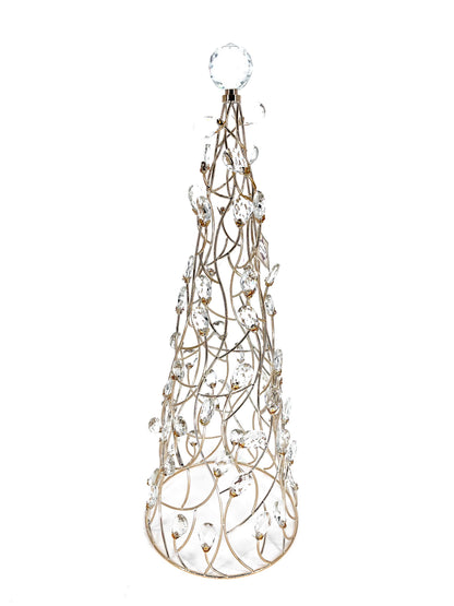 Mark Roberts Crystal Cone Tree, 26 inches: a tall cone-shaped gold wire lattice tree with curved, crisscrossing wires, dozens of clear faceted oval drops in small gold settings, a round clear faceted topper, and a round gold base ring.