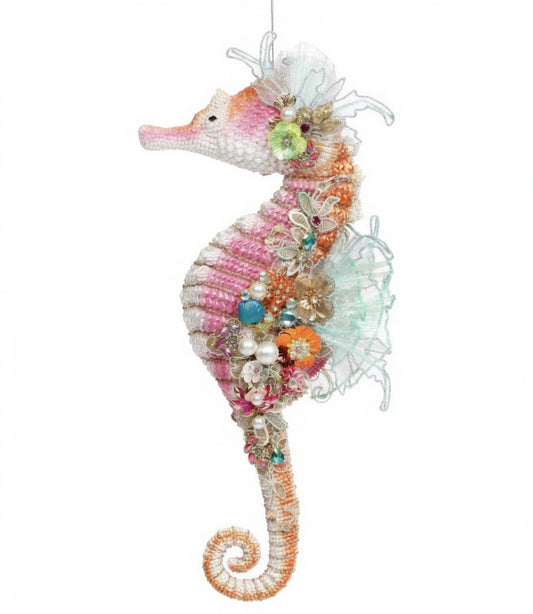 Pink jeweled seahorse numbered limited edition, large statement ornament by Mark Roberts, individually numbered, with faux pearl and rhinestone accents approximately 16.5" tall
