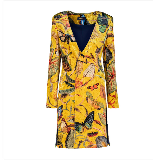 Yellow Butterfly Kimono front view showing deep V neckline and vibrant butterfly and insect print on yellow background