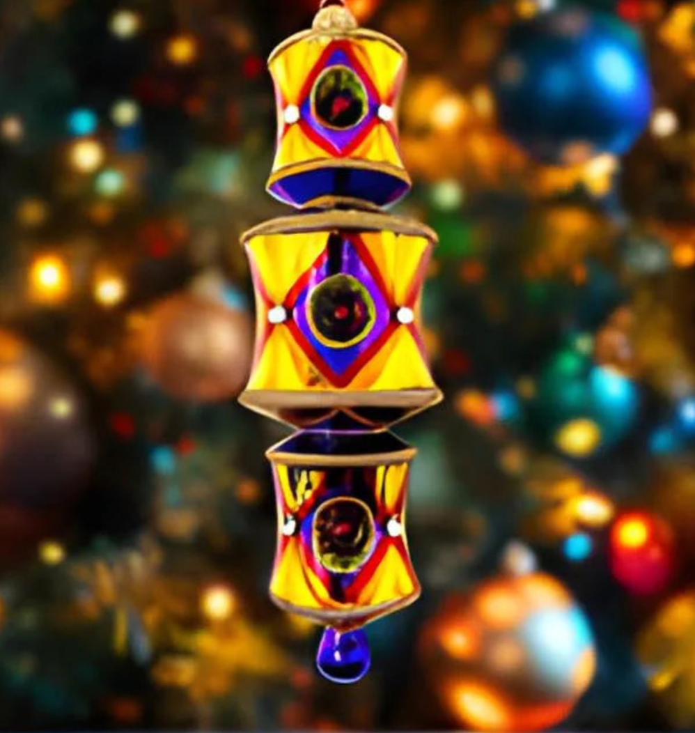 Three-tiered barrel-shaped glass ornament in gold with a red diamond lattice pattern, reflectors banded in violet and green around a maroon center, faceted crystal accents, deep blue-purple connecting sections between tiers, gold glitter trim, and a blue glass drop