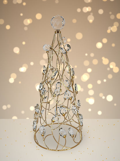 Mark Roberts Crystal Cone Tree, 18.5 inches: a cone-shaped gold wire lattice tree with curved, crisscrossing wires, clear faceted drops with small gold accents, a large clear faceted topper, and a round gold base ring. 