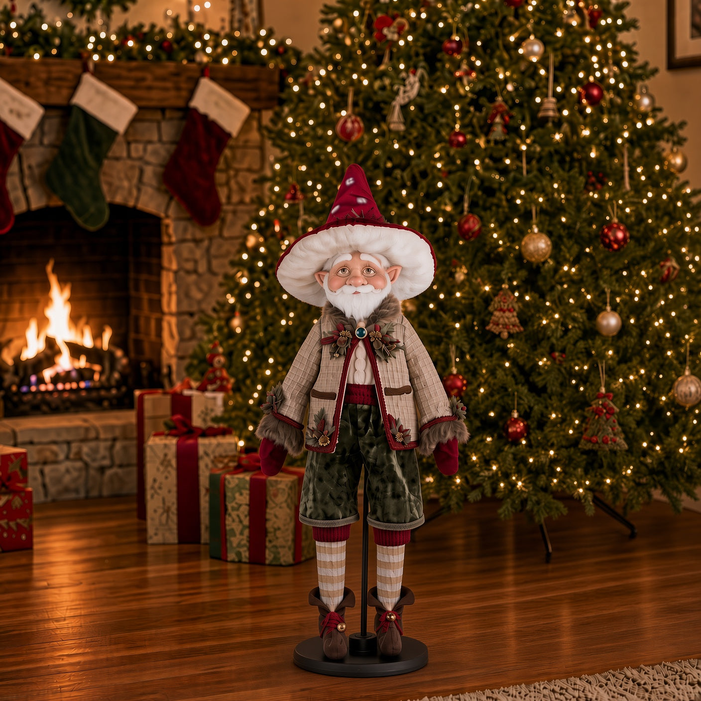 William Woodear Elf figure on its round black stand displayed in a holiday living room setting, with a lit Christmas tree and glowing fireplace in the background, wearing a wide-brim white polka dot burgundy hat with cream fur trim, heather tweed jacket with jeweled clasp and faux fur cuffs, sage green velvet trousers, striped stockings, and curled elf boots with bells