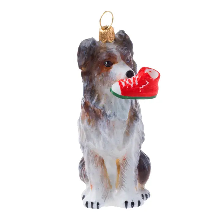 Australian Shepherd with Red & Green High Top Sneaker glass ornaments for holiday décor and seasonal displays.