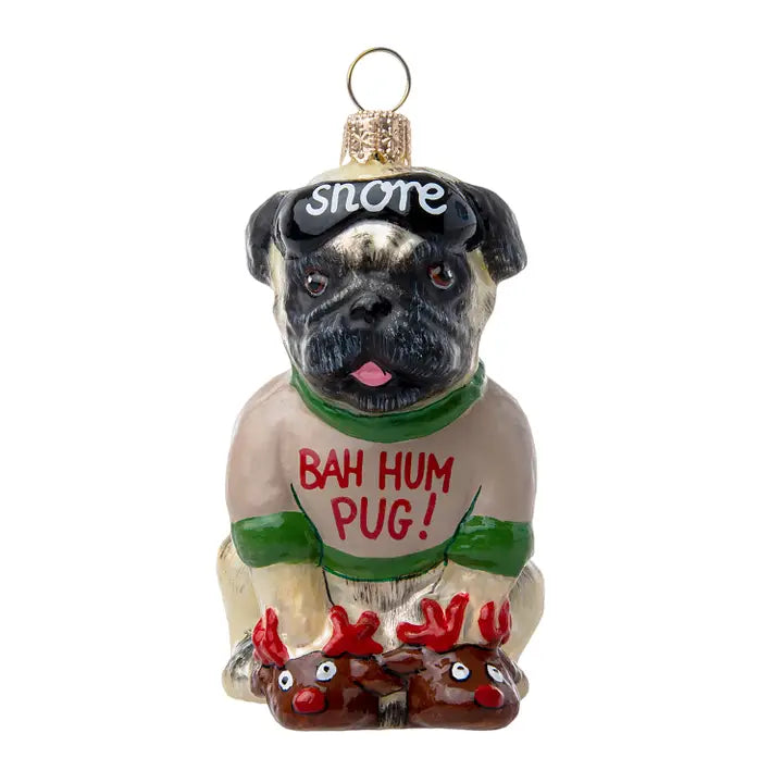 Bah Hum-Pug Fawn Version glass ornaments for holiday décor and seasonal displays.