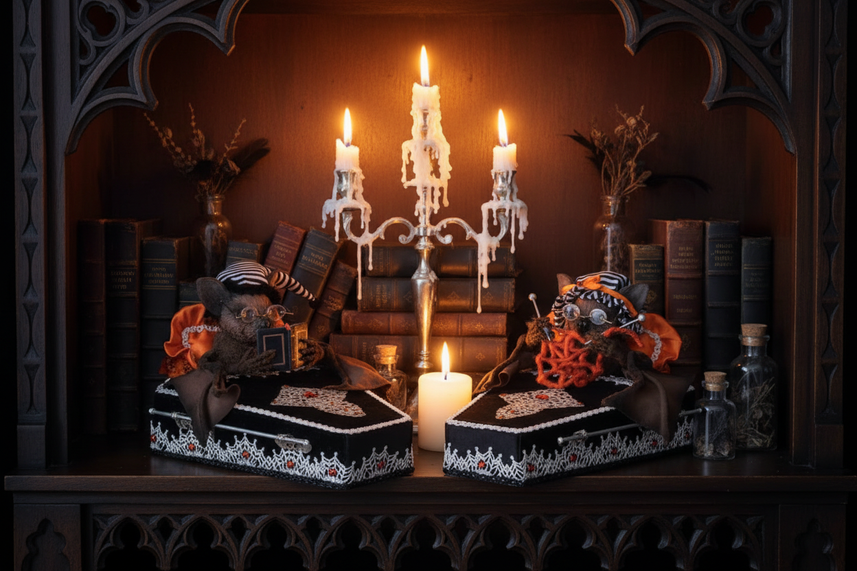 Bedtime with the Batsons bat coffin figurine pair displayed on a dark wood gothic library bookshelf with a silver candelabra dripping with melting wax, leather-bound spell books, apothecary bottles, and dried botanicals in warm candlelight.