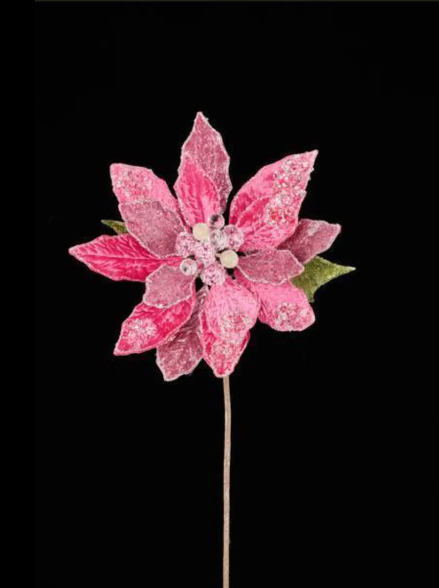 Beaded Poinsettia Stem 29L Fushia/Silver Set of 6 holiday décor item for festive seasonal displays.