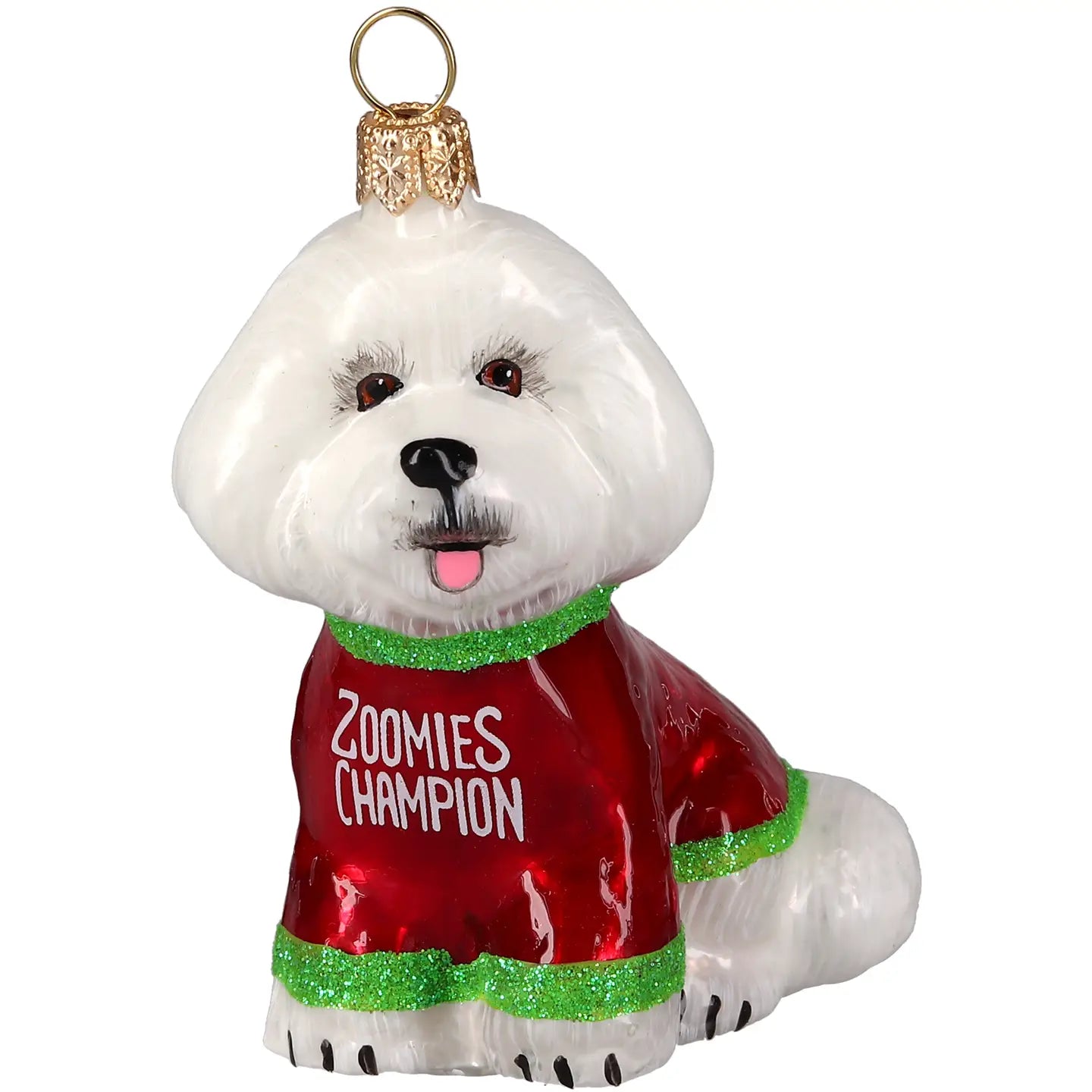 Bichon Frise Pro Zoomies Champion glass ornaments for holiday décor and seasonal displays.