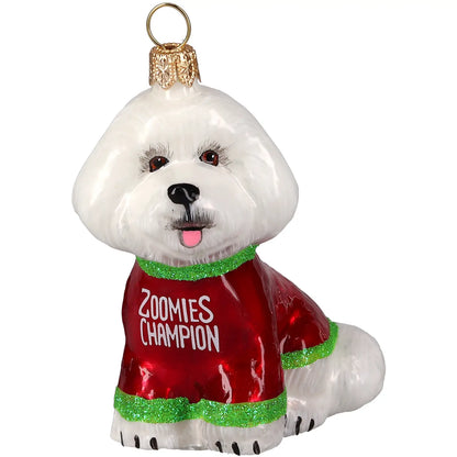 Bichon Frise Pro Zoomies Champion glass ornaments for holiday décor and seasonal displays.