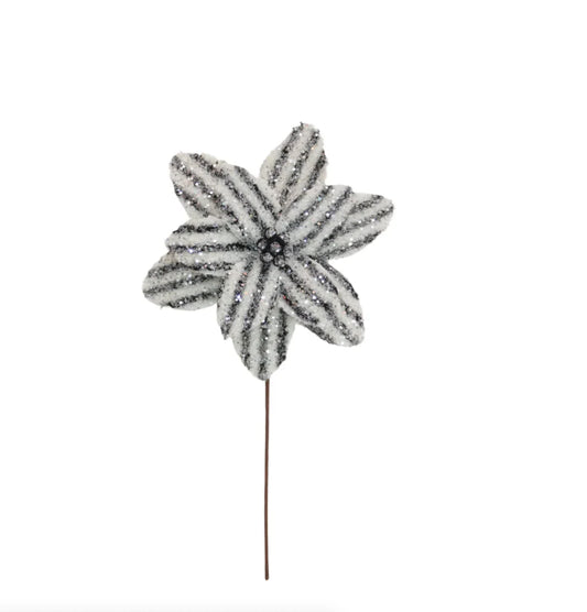 Black and White Striped Poinsettia Glittered Set of 6 holiday décor item for festive seasonal displays.