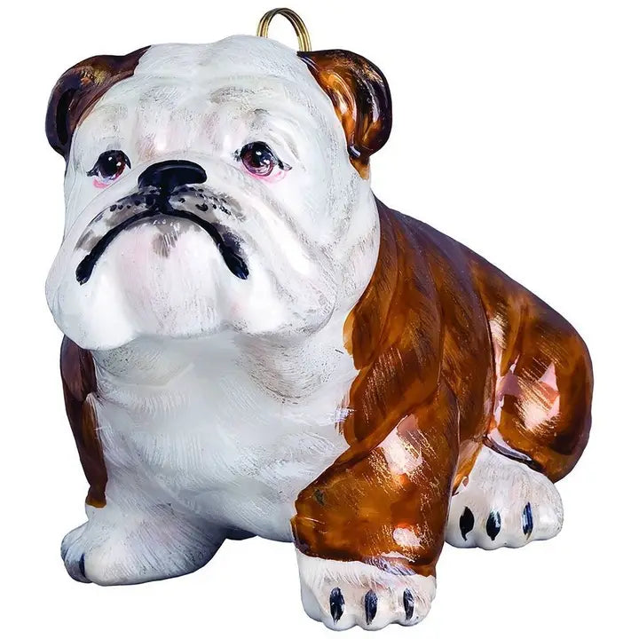 Bulldog Brown and White glass ornaments for holiday décor and seasonal displays.