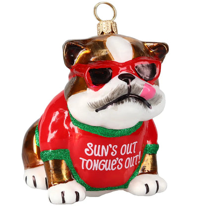 Bulldog Sun’s Out Tongue’s Out glass ornaments for holiday décor and seasonal displays.