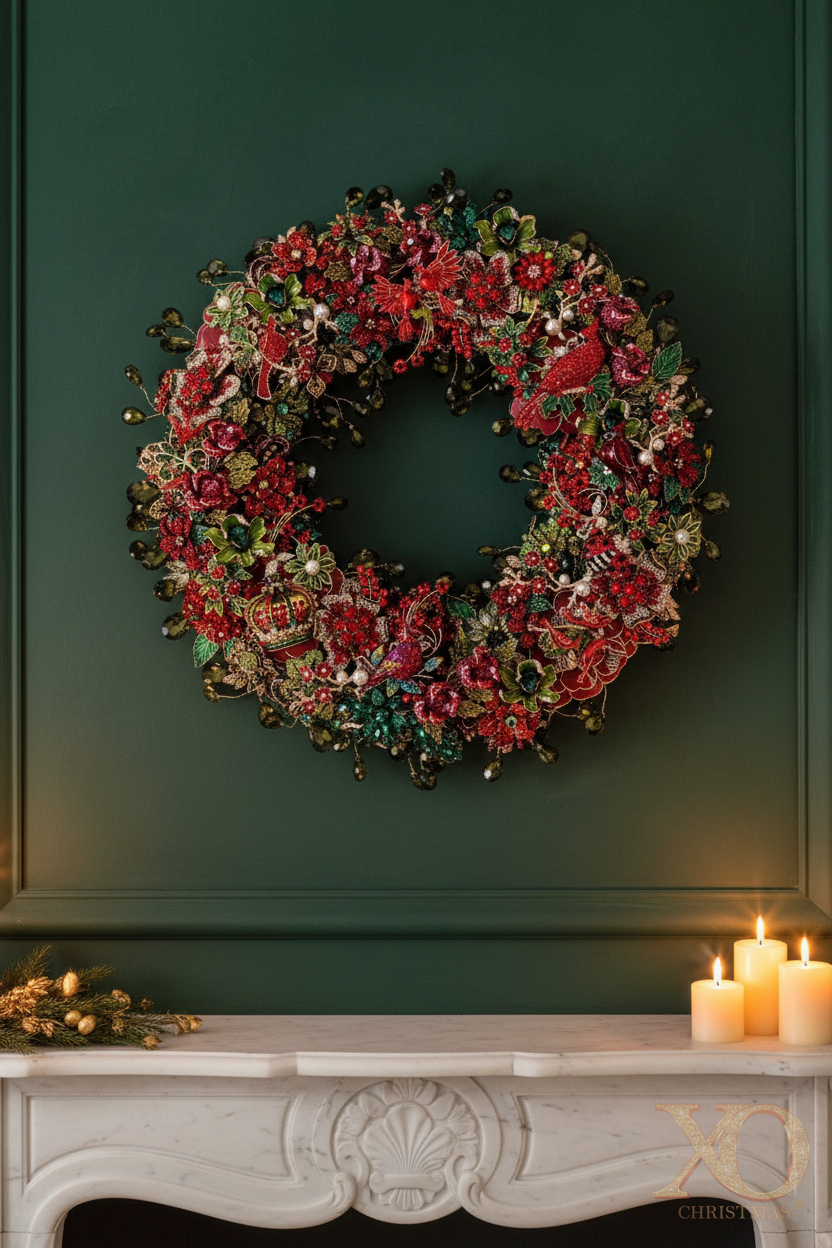 Cardinal Wreath on Dark Green Wall