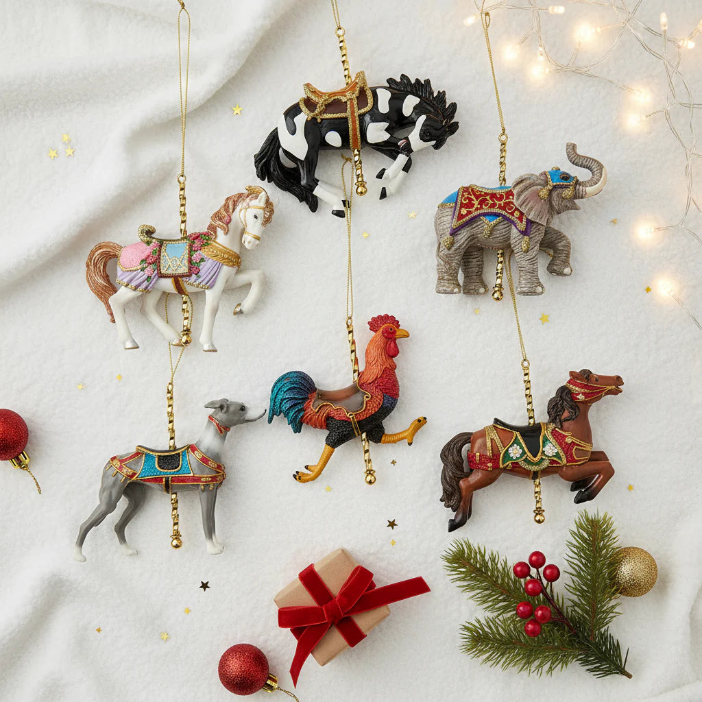 Carousel Animal Ornaments, asstd. of 6 ornaments for holiday décor and seasonal displays.